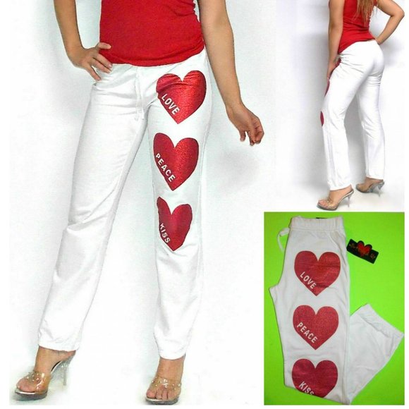 Bottoms Up "LOVE PEACE KISS" warm fleece Sweatpants with big red hearts S,M,L,XL - Picture 5 of 7